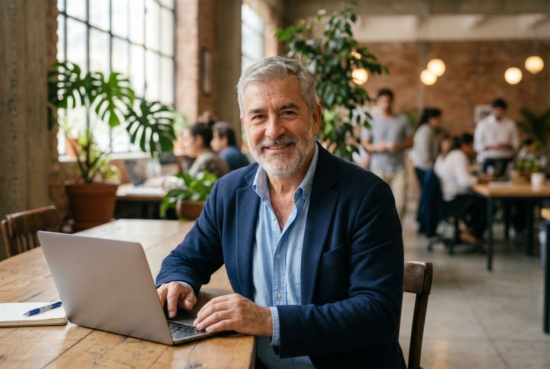 Ejecutivo de barba canosa sonríe mientras trabaja en su notebook en un espacio de coworking
