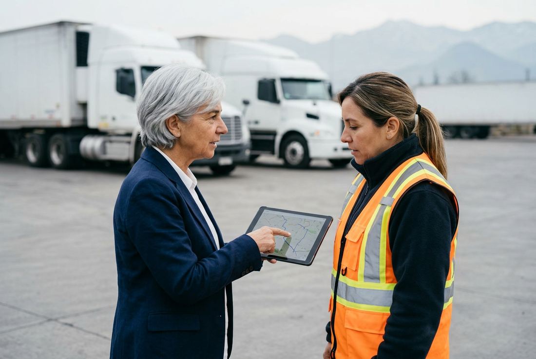 Patricia muestra una ruta en una tablet a la jefa de operaciones de una empresa de transportes